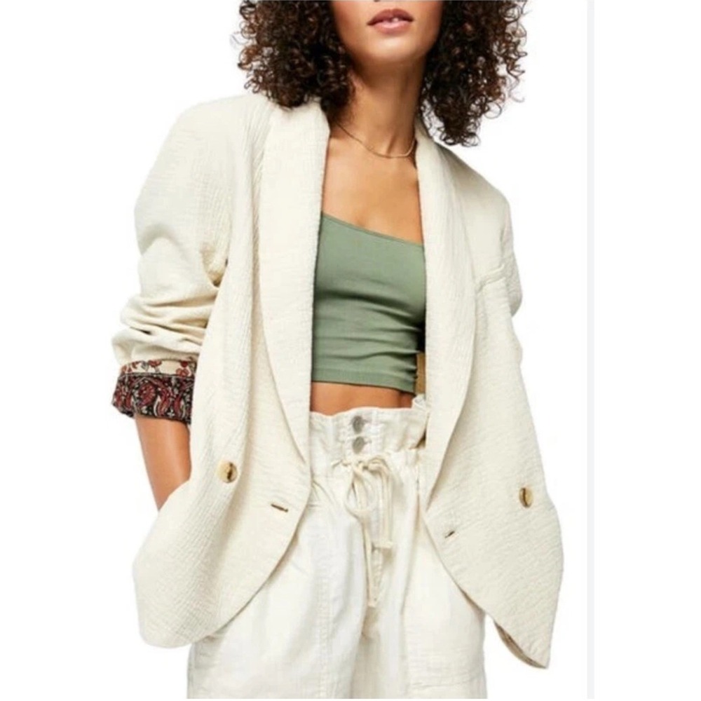 Free People Rowan Beige Textured Gauze Paisley Lined Blazer Jacket XS